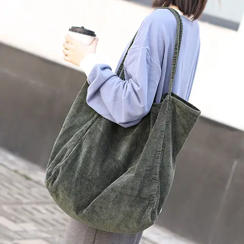 Corduroy Canvas Tote Bag with Large Capacity and Casual Style